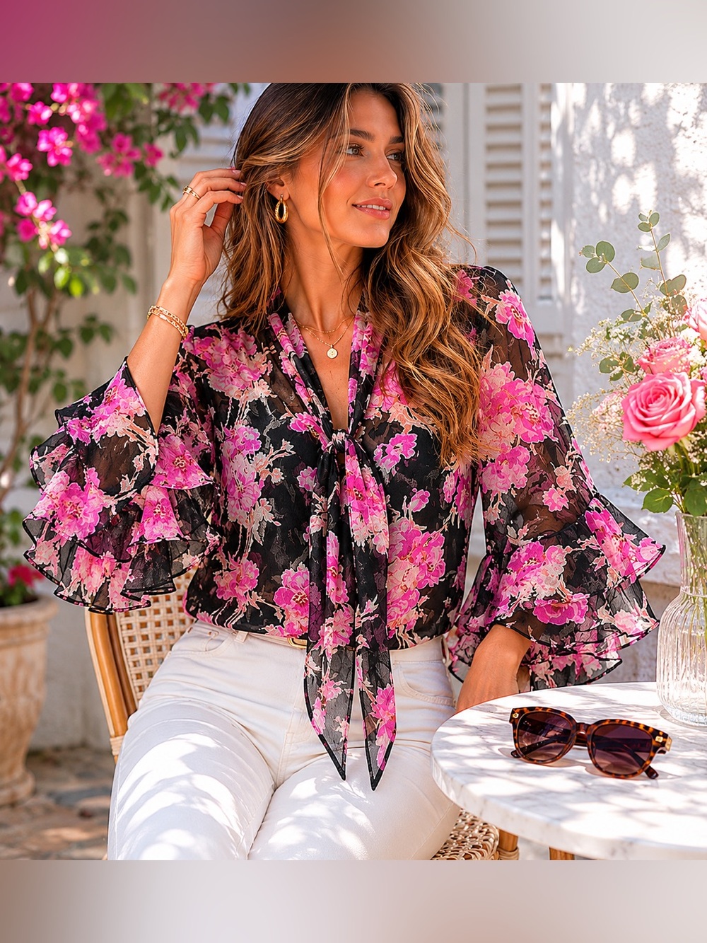 MISA Los Angeles Floral Chiffon Tie Neck Blouse Ruffle Sleeve Medium
